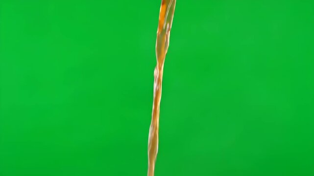 A steady stream of rich brown liquid pours against a bright green screen. Ideal for compositing into projects.