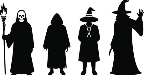 Silhouette of fantasy characters including wizard, sorcerer, grim reaper, hooded ghost, Halloween costume design, magical figure vector illustration © Md nasir