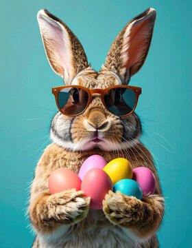 easter bunny rabbit wearing sunnies, shades, sunglasses holding colourful easter eggs