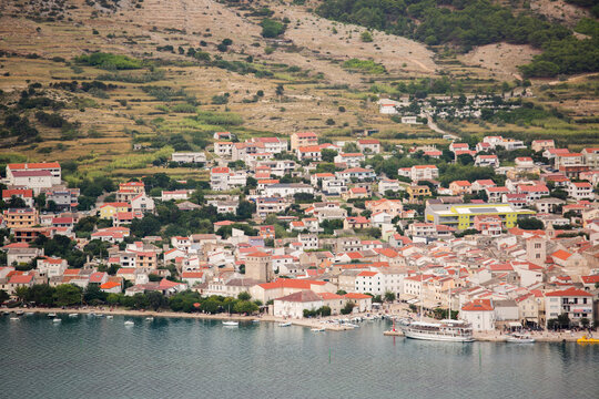 Pag island town overlooking adriatic sea harbor