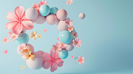 Fototapeta premium Pastel spheres and floral arrangement