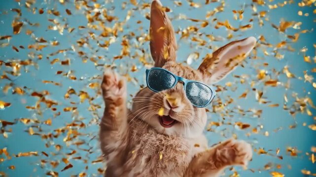Cool rabbit wearing sunglasses against blue background with falling confetti. Easter, Pascha, Paskha, Ostern, Pascua, Paques - Orthodox and Catholic Holiday celebration