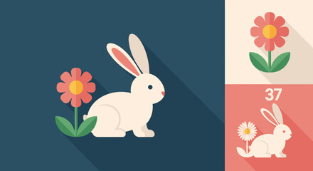 Fototapeta premium Cute Bunny with Flower Flat Vector Illustration