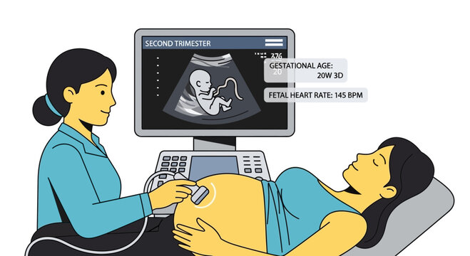 Doctor performing ultrasound on pregnant woman, showing second trimester fetus on screen
