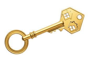 Golden house key with large keyring isolated on transparent background