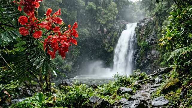 fire tree. A stunning waterfall cascades down rocky terrain surrounded by lush green foliage, highlighted by vibrant red flowers, creating a serene and picturesque natural scene