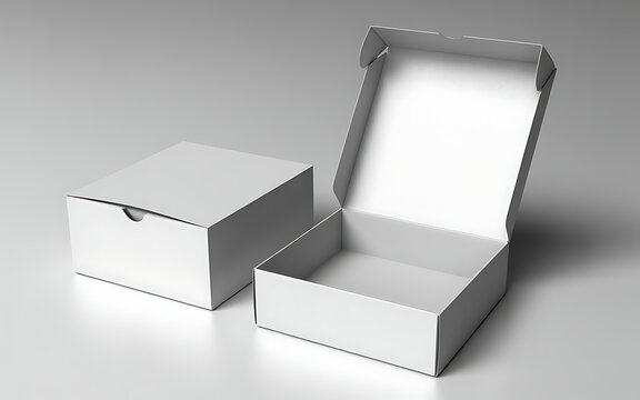White Corrugated Cardboard Mailer Box Mockup Set, Open and Closed Lid for Product Shipping and Delivery Presentation