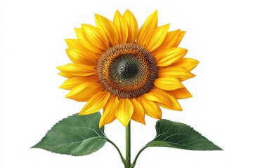 Obraz premium single vibrant sunflower with golden petals, textured seed center, two green leaves and sturdy stem on white background, bright and cheerful mood