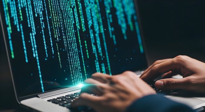 Software coding concept, laptop screen with cascading matrix code, abstract digital overlay, developer hands typing