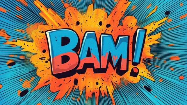 Large colorful comic word bam with exclamation mark in orange and yellow splash on teal radial burst conveying energetic dramatic action