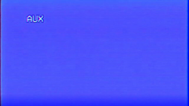 VHS tape, television blue screen with noise and glitch, play text, retro tv