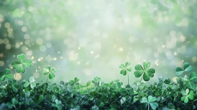 Lush green clover field with sparkling lights in a dreamy atmosphere. Saint Patrick's Day, St Paddy's Day, St Patty's Day - Irish National Holiday and Cultural Celebration