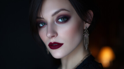 Fototapeta premium Evening makeup with dramatic smokey eyes, bold eyeliner, deep red lipstick, low warm lighting