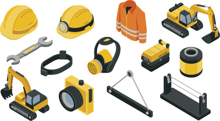 Isometric construction safety equipment and machinery set, hard hats, excavators, tools and protective gear illustration © Md Golam Shahariyar
