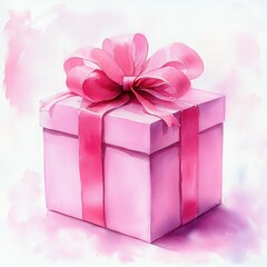 Obraz premium soft watercolor pink gift box wrapped with a wide ribbon and large bow on a pale pink wash background, evoking a delicate romantic and celebratory mood