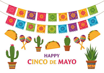 Fototapeta premium Happy cinco de mayo celebration with colorful decorations and traditional mexican symbols
