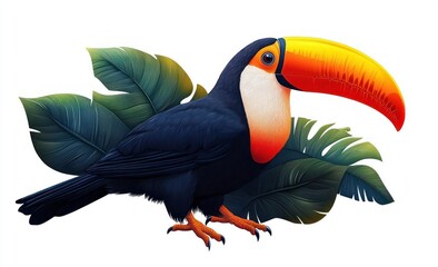 Fototapeta premium Serene toucan with vivid orange-yellow beak, dark plumage, white throat and orange cheek perched on bright orange feet against lush green tropical leaves, calm and majestic