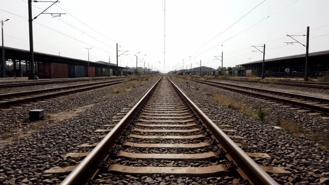 A wide shot of multiple railway lines converging in the distance at a busy cargo train yard.