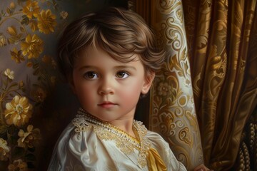 Portrait of a young prince wearing elegant clothing and pearls, posing in a luxurious palace interior with golden curtains and floral patterns