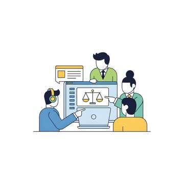 Clip art illustration of legal team collaborating on a case with a laptop and computer screen showing scales of justice isolated on white background