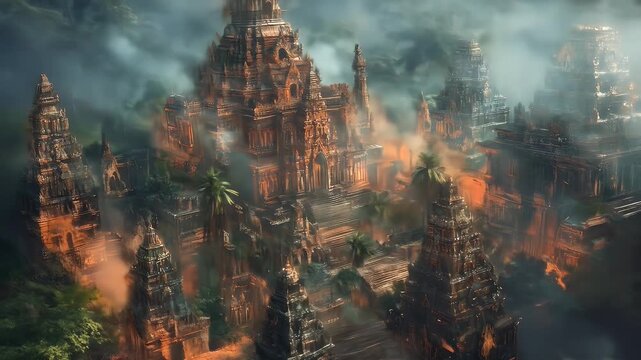 Temple city shrouded in mist, elaborate architecture, aerial view