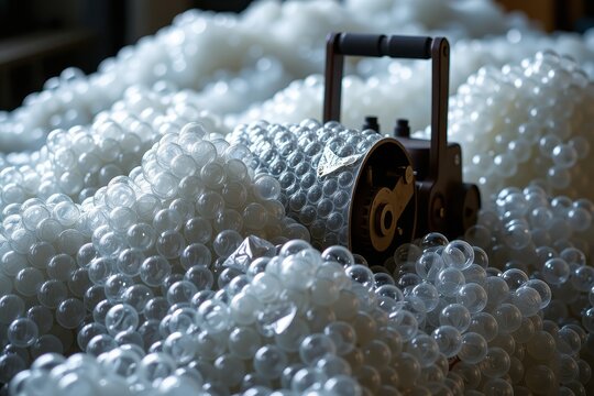 Transparent plastic pellets spilled around a mechanical device, highlighting industrial material processing.
