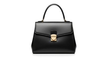 Black leather handbag with gold clasp and handle on white background elegant fashion accessory
