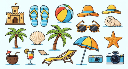 Collection of summer beach vacation elements, perfect for travel and leisure themes. © Nafa