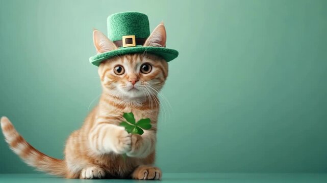 Adorable ginger cat wearing a leprechaun hat and holding a clover for st. patrick's day. Saint Patrick's Day, St Paddy's Day, St Patty's Day - Irish National Holiday and Cultural Celebration