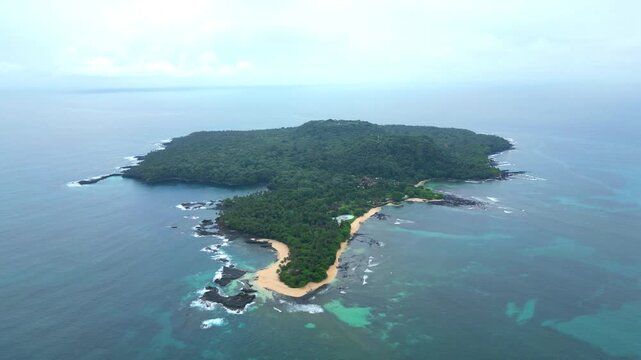 Aerial view of Ilh&eacute;u das Rolas. It is an islet in the archipelago of S&atilde;o Tom&eacute;, located in the Gulf of Guinea, south of the island. Of volcanic origin, it lies exactly on the Equator.Africa