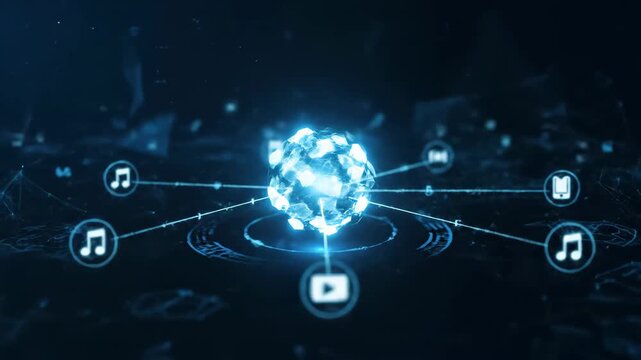Abstract animation of a central glowing core distributing digital media content across a futuristic network.