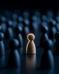 Fototapeta premium Networking meeting collaboration and teamwork are highlighted in background with blur effect as leadership stands out through surreal wooden figurine glowing with confidence