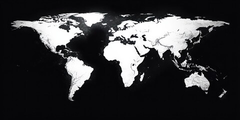 textured white world map silhouettes of continents on a black background with splattered edges, high-contrast panoramic composition evoking a stark, dramatic global mood