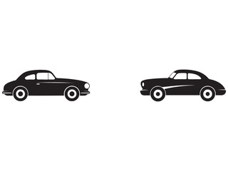 Fototapeta premium Two black vintage cars side by side on white background classic automobiles facing opposite directions