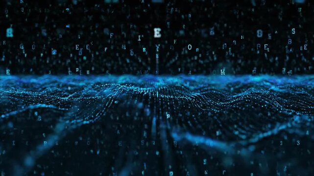 Abstract digital data stream with glowing blue particle waves and floating alphanumeric characters. Represents data flow.