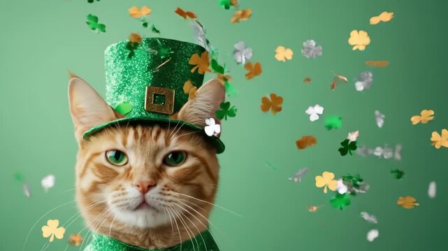 Adorable orange cat wearing green st. patrick's day hat surrounded by shamrocks. Saint Patrick's Day, St Paddy's Day, St Patty's Day - Irish National Holiday and Cultural Celebration