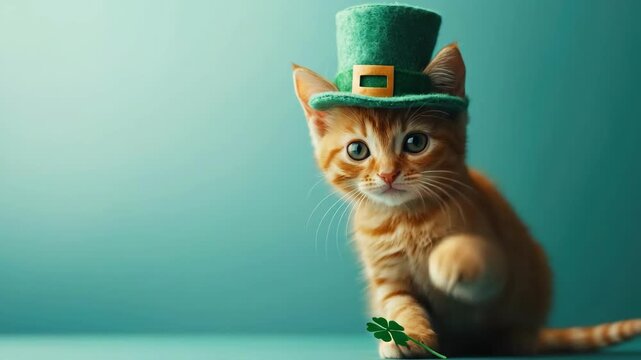 Adorable kitten with green hat and shamrock on teal background. Saint Patrick's Day, St Paddy's Day, St Patty's Day - Irish National Holiday and Cultural Celebration