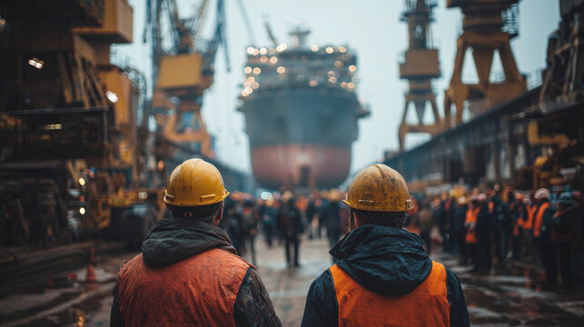 maritime construction workers standing in dockyard observing massive shipbuilding project with safety gear heavy equipment and industrial harbor setting in background