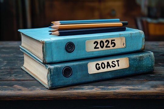 Two worn blue binders labeled 2025 and GOAST stacked on a rustic wooden table with blue and yellow pencils, evoking focused planning and hopeful anticipation