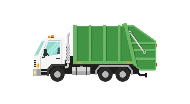 Green garbage truck isolated on white background, side view illustration