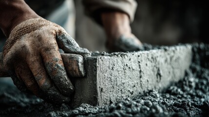 Close-up of a construction worker's gloved hand using a wooden tool to level wet concrete on a construction site