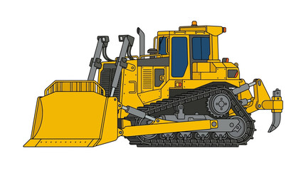 Fototapeta premium Yellow bulldozer construction vehicle with tracks and front blade on white background