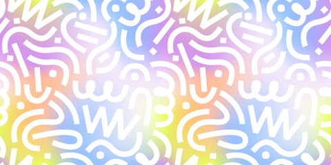 Seamless mesh gradient memphis pattern with white abstract squiggles and soft pastel holographic blur. Trendy retro background for wallpaper, textiles, packaging, stationery, posters, and banners. © Danchenko