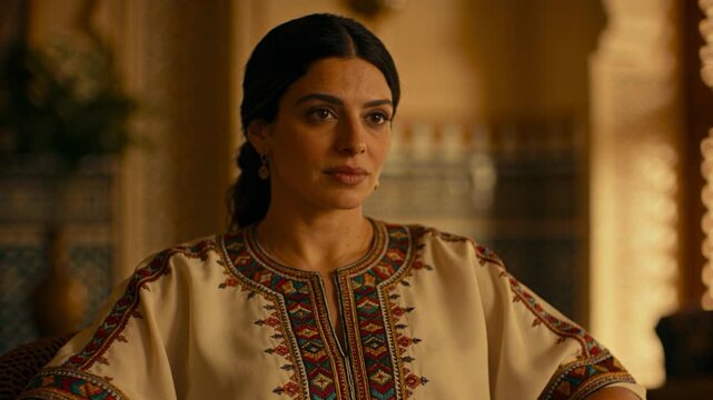 Listening Middle Eastern woman answering off-screen voice in warm ornate room, wearing tunic