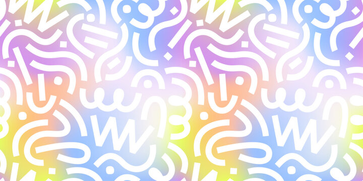 Seamless mesh gradient memphis pattern with white abstract squiggles and soft pastel holographic blur. Trendy retro background for wallpaper, textiles, packaging, stationery, posters, and banners.