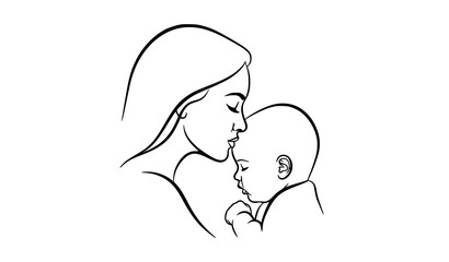 Obraz premium Mother kissing baby silhouette line art vector design