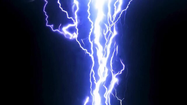 Powerful Blue Lightning Bolt. A thick vertical electrical discharge with detailed branching lightning bolts on black.