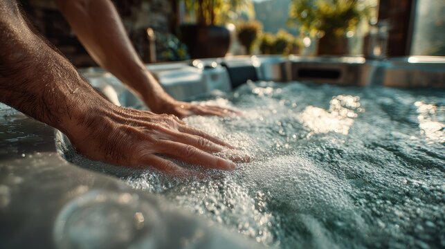 Close-up of a man's hands resting on the edge of a bubbling hot tub in a sunlit outdoor spa setting
