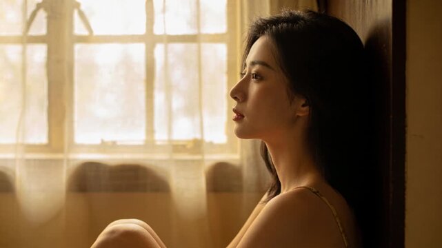 Sitting cami woman in room by wood-wall, gazing at sheer-curtain, light bringing pause, copy space