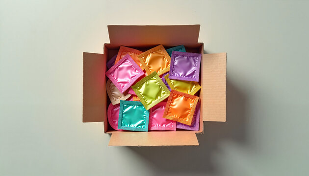 Colorful condoms in a brown cardboard box
